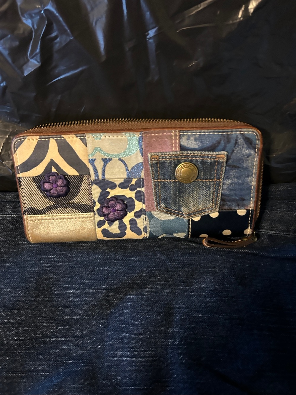 Coach Patchwork Floral Denim Zip Wallet - Blue, Purple, Tan - Picture 9 of 12